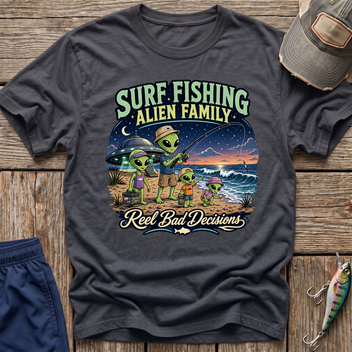 Surf Fishing Alien Family T-Shirt