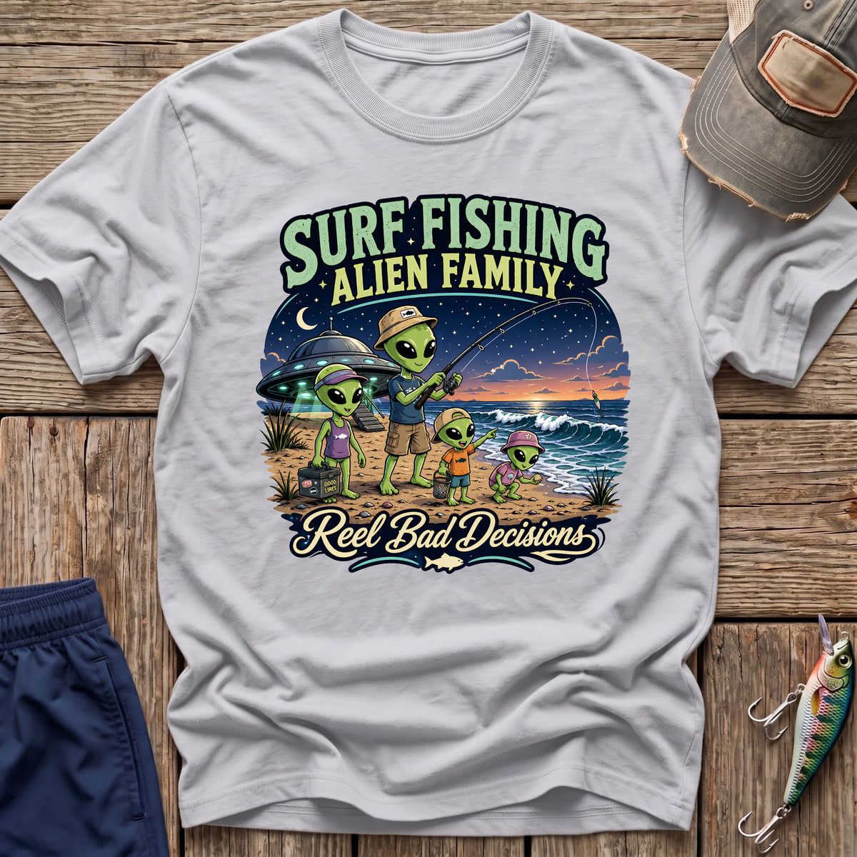 Surf Fishing Alien Family T-Shirt