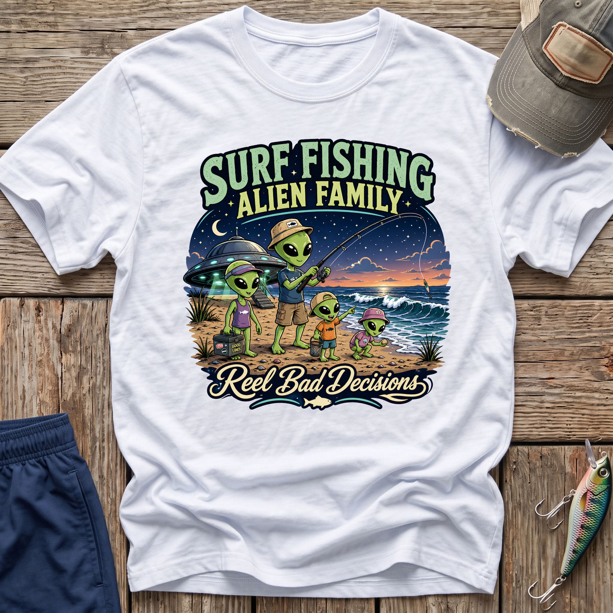Surf Fishing Alien Family T-Shirt